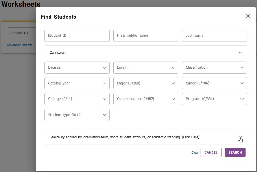 Curriculum search options