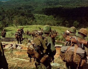 "Operation "MacArthur" Members of Co. C, 1st Bn, 8th Inf, 1st Bde, 4th Inf Div, descend the side of Hill 742, located five miles northwest of Dak To. 14-17 November 1967." Source: U.S. Army Center of Military History: http://www.history.army.mil/art/A&I/Vietnam/cc44262-t.jpg