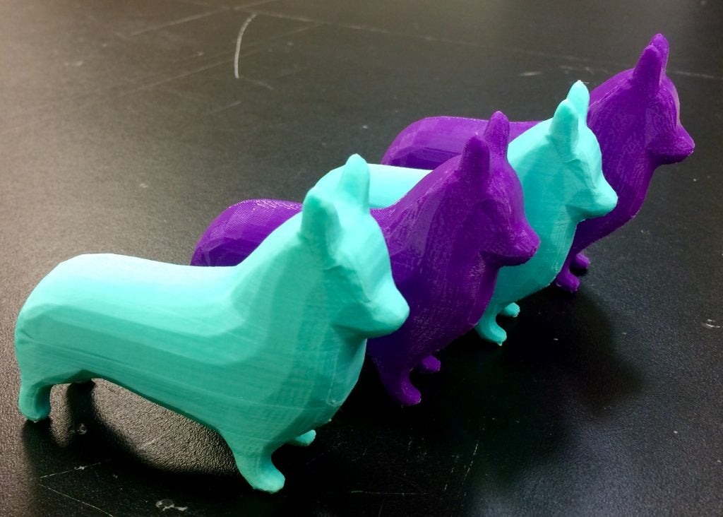 Corgi dog prototypes created through 3D printing by Rene Vanek, BS Environmental Health student