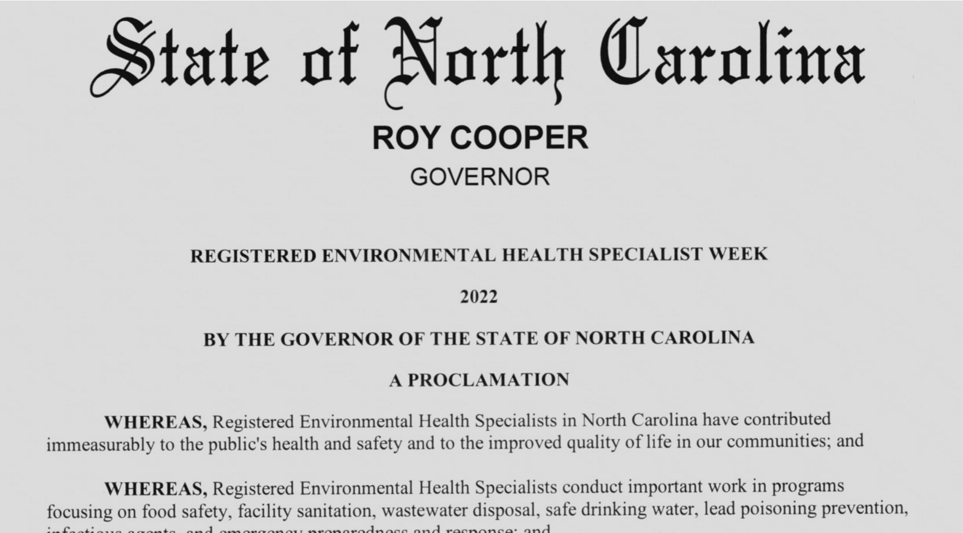 Read more about the article Registered Environmental Health Specialist (REHS) Week 2022 Proclaimed by NC Governor