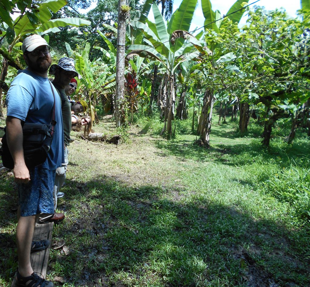 Students and staff pose on a Bri Bri banana plantation