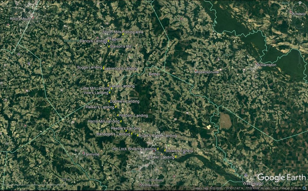 This Map shows the locations of the canoe landings long the Tar river that were shown in the 1889 map (Image credit: Google Earth)
