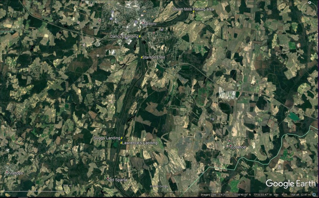 This is a close-up of the canoe landings from Tarboro/Princeville to Old Sparta (Image Credit: Google Earth)