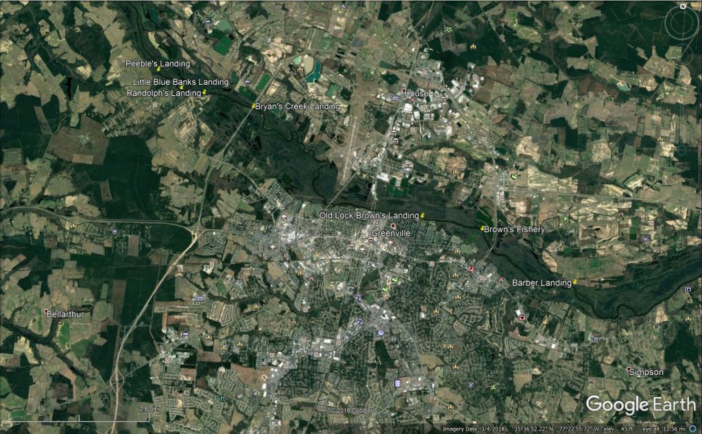 This is an enhanced view of the Canoe Landings from Belvoir to Greenville (Image Credit: Google Earth) 