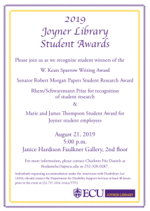 August 21, 5pm in Faulkner: Award including Keats Sparrow.